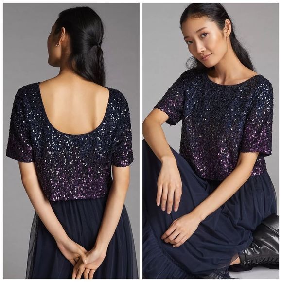 Let Me Be for Anthropologie Ombre Cropped Sequined Blouse NWT Size Large - Picture 1 of 9